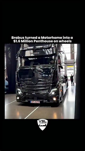 VSL Transporters & Logistics on Instagram: "What you’re seeing isn’t just a motorhome. It’s a 1.6 million dollar rolling penthouse built by Brabus 💎✨ Based on the Mercedes Benz Actros platform, this Brabus motorhome transforms industrial power into pure elegance. The interior is hand finished with stitched leather, carbon fiber, and soft ambient lighting that turns every drive into a first class experience. Inside, there’s a fully equipped kitchen, marble style bathroom, queen size suite, and i