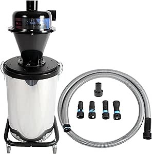 Cen-Tec Systems Quick Click Dust Separator with 10 Gallon Stainless Steel Recovery Bin and 16 Ft. Hose for Home and Shop Vacuums with Expanded Multi-Brand Power Tool Adapter Set