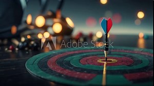 Businessman aims arrow at a virtual target dartboard, precision in setting objectives for business investments visualizes strategic approach to achieving goals and hitting targets in business.