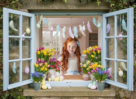 Easter Digital Backdrop, Spring Window Scene With Tulips & Eggs, Pastel Easter Photo Virtual Background - Etsy
