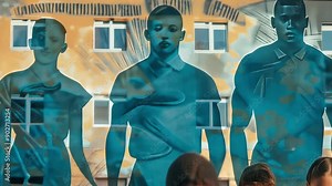 A group of children surrounded by their adult shadows, symbolizing the process of growing up and becoming