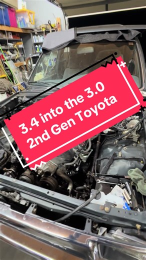 3.4 swap into the 3.0 2nd Gen Toyota 4Runner. We got the motor sitting in the 4Runner now time for wiring and plumbing. One step closer. #toyotanation #toyota #engineswap #4runnermafia