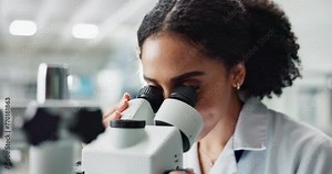 Woman, scientist and forensic exam with microscope for science, microbiology or discovery at lab. Closeup of female person or researcher looking in scope or lens for scientific breakthrough or test