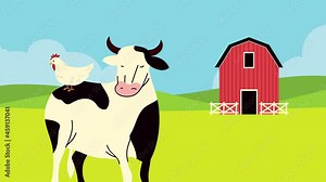 farm lifestyle animation with cow and stable