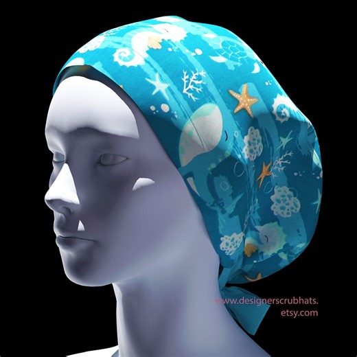 Ocean Scrub Caps for Women.ponytail Scrub Cap for Nurse,scrub Hats,fabric Bouffant Cap,scrub Hat Aqua Blue. - Etsy