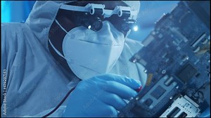 African-american microelectronics engineer works in a modern scientific laboratory on computing systems and microprocessors. Electronic factory worker is testing the motherboard and coding.