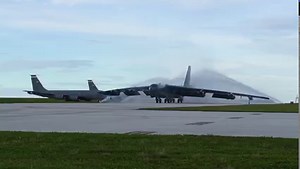 A B-52 Stratofortress is rinsed after a flight during Exercise Talisman Saber. The B-52 can perform strategic attack, close-air support, air interdiction, offensive counter-air and maritime operations. It is also highly effective when used for ocean surveillance and can assist the U.S. Navy in anti-ship and mine-laying operations. Air Force Global Strike Command | U.S. Pacific Air Forces | United States Air Force