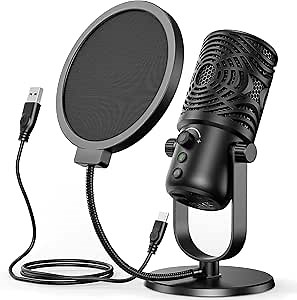 OneOdio USB Podcast Microphone-FM1 Computer Condenser Mic with Pop Filter for PC/Laptop, Metal Stand, LED Mute Button, Gain Control, 3.5mm Output for Studio Recording Streaming Gaming