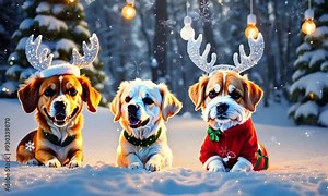 cute dogs in Christmas costumes, one a reindeer and the other Santa, sitting together on a snowy evening