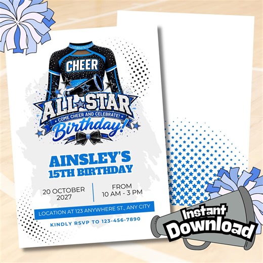 All- Star Cheerleader Birthday Invitation: Blue Girl/teen Party Invite (digital Download) - Etsy