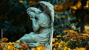 Mourning angel statue in flower garden: peaceful remembrance in slow motion video capturing serene memory