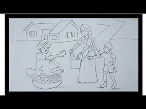 pencil drawing of market scenery step by step / Elementary drawing of market scenery/market drawing