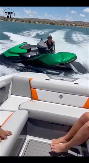 Jet Ski Rider Launches Onto Back of Boat After Getting Too Close on Open Water Video captured on open water shows a surprising and dangerous moment as a man riding a jet ski approaches the stern of a moving boat and gets closer than intended. The footage shows the jet ski pacing the boat at speed before suddenly riding up onto the back of the vessel, briefly lifting out of the water and making contact with the stern. Onlookers react in shock as the jet ski mounts the boat before both operators s