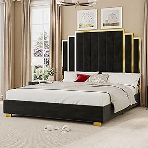 YUMPIE Queen Size Platform Bed Frame with 61" Extra Tall Headboard, Velvet Upholstered Bed with Golden Plating Trim, Wooden Slats/No Box Spring Needed/Noisy Free/Black