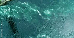 Rotating current swirls in Saltstraumen maelstrom - aerial top down view