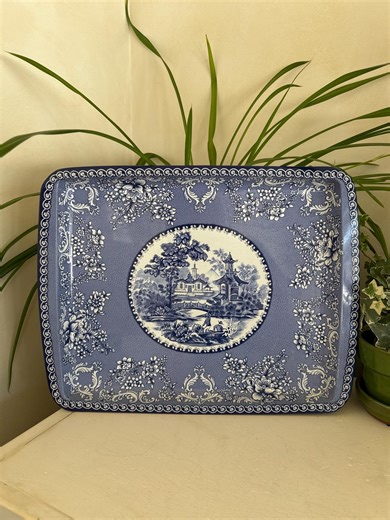 Vintage Blue and White Serving Tray | Made in England by Daher | Gilded Age Decor | Elegant Bar Ware | Set Design | Shabby Chic | Tea Party - Etsy