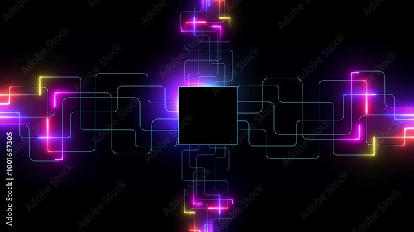 Concept animation shows the process of turning on the CPU in the motherboard. Digital pulses and signals from the chip propagate through the