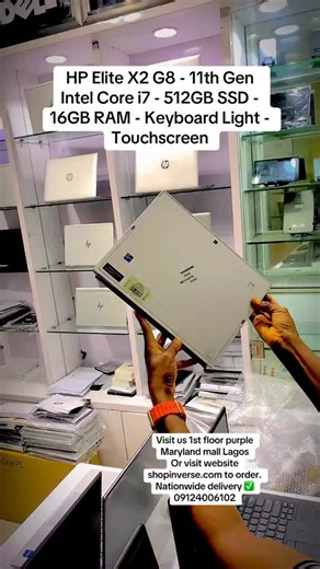 Basic Details Brand: HP Model: Elite X2 G8 Price: ₦850,000 https://shopinverse.com/products/hp-elite-x2-g8?_pos=6&_sid=4609c69d8&_ss=r Type: Detachable laptop / tablet Processor: 11th Gen Intel Core i7-1185G7 @ 3.00GHz 3.00GHz Storage capacity: 512GB SSD Maximum storage capacity: 4TB SSD RAM: 16GB Maximum RAM upgrade: 16GB Supported OS: Windows 11 Battery health: Excellent Minimum battery backup: 2 hrs Maximum battery backup: Depends on usage Display Properties Screen size: 13-inch Resolution: 1