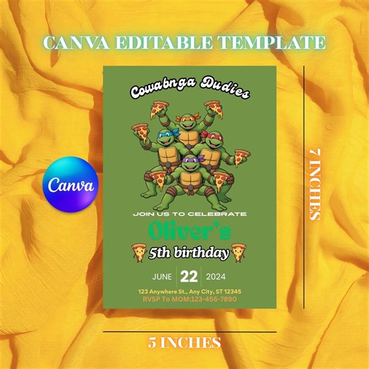 Editable Ninja Turtle Birthday Invitation Template, Pizza Party Invite for Boys, Mutant Turtle Birthday, 5x7 Canva Invite, Instant Download - Etsy
