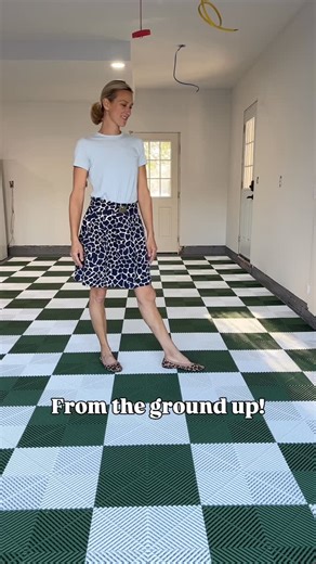 Christina on Instagram: "Flawless, from the ground up! This is the second time I’ve installed Swisstrax Ribtrax Pro modular tiles, and I love them! I may not be ready to host Thanksgiving dinner, but definitely ready to sit outside in the garage and fry a 🦃! I picked the color Boxwood and Arctic white, and installed the entire garage in a morning. Stick around to see the rest of my plans for this workspace! #gifted #garagefloor #grandmillennial #grandmillennialdecor #checkerboardfloor #g