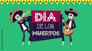 dia de los muertos animation with skulls mariachis characters