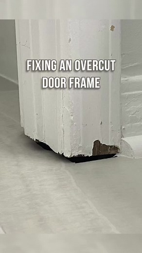 Fixing overcut door frame gap at base of door jamb/casing with wood filler after new tile floor install! #diy #trim #doorframe #renovation