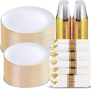 KIRE 350 PCS White and Gold Plates Disposable - Elegant Dinnerware Set of 50 Guest, White Plastic Plates With Gold Rim, Pre Rolled Napkins with Silverware & Cups for Party/Wedding
