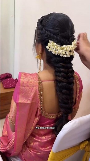 Loop Braid South Indian Bridal Hairstyle For Engagemet and Reception by ncbridalstudio