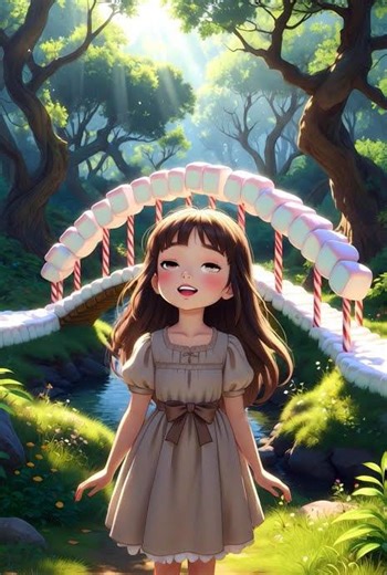 A cute cartoon girl in a Enchanted forest scene