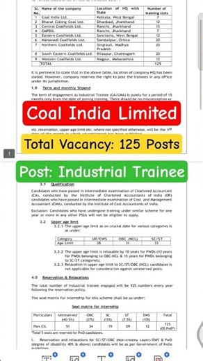 CIL Industrial Trainee (CA/CMA) Recruitment 2025 #rojgardekho #govtjobs2026