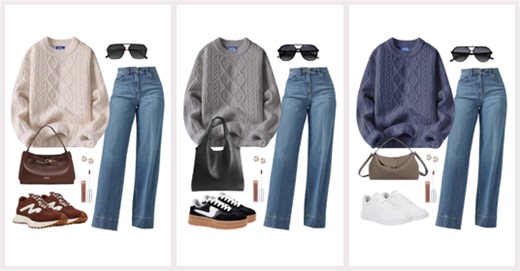 Five cozy outfits with knit sweaters and denims