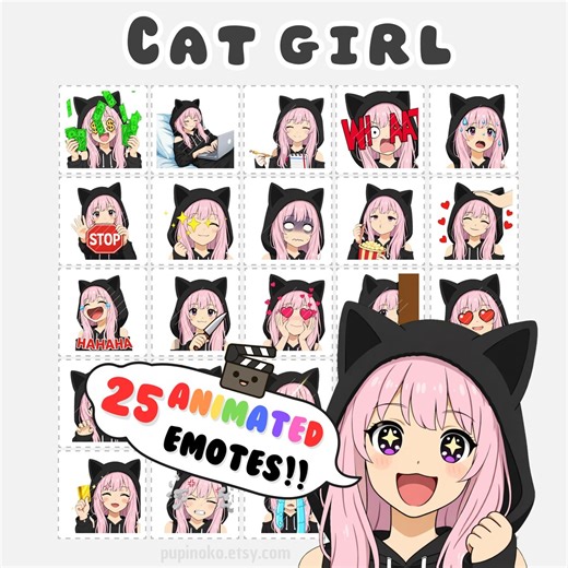 Animated Twitch Emotes: Cat Girl Emote Pack, Pink Hair Emotes, Vtuber Assets, Discord (GIF) - Etsy