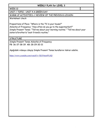 Level 3 Week 12 weekly plan worksheet