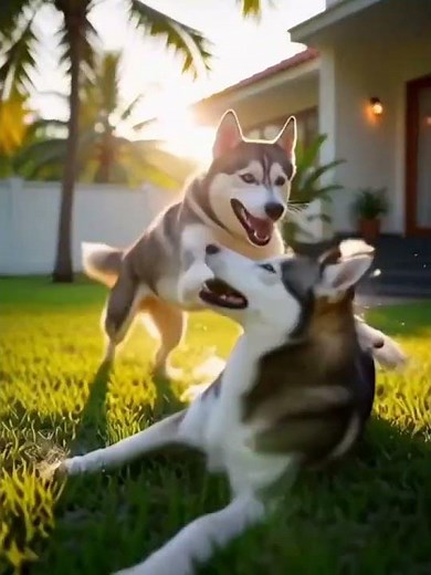 Two Huskies Playing in Front of a Modern House | Cute Dog Moments 🐾🏡