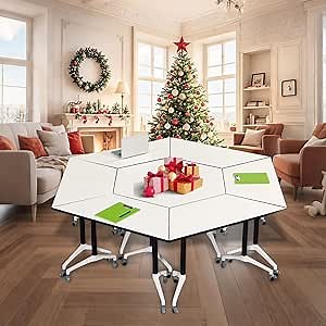Folding Conference Tables,Flip Top Mobile Conference Room Tables/Podcast,47.2" Modern Foldable Seminar Training Table ,Rolling Meeting Table for Office Classrooms Boardroom Desk (trapezoid, 6 Pack)