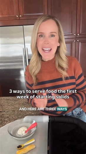 🥄Wondering how to serve food to your baby when starting solids? I’m Catherine, Pediatric Feeding Specialist, and today I’m sharing 3 ways to serve your baby food the first week of starting solids! Remember there is no one single way to start! It is okay to start with formed solids and it’s okay to start with purees. Do what feels most comfortable for you and baby! And keep in mind that mixing it up is great too! Soft solid that is easily squishable in a stick– a banana, an avocado, a steamed ve