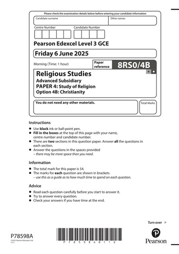 2025 Pearson EDEXCEL As Level Religious Studies Paper 4b 8rs0 4b Study Of Religion Option 4b