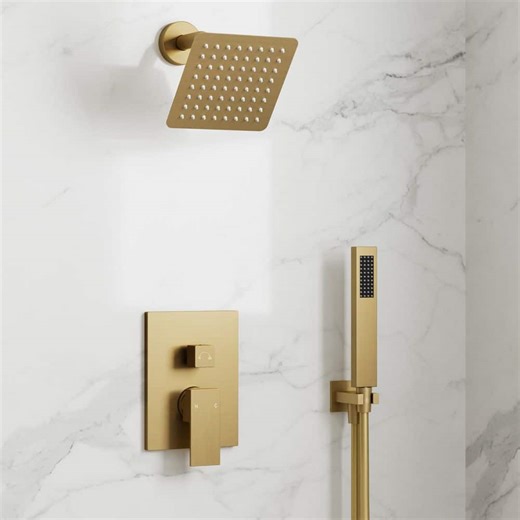 Check The Home Depot's Q&A Before Buying: GRANDJOY 6 in. 2-Spray Square High Pressure Wall Bar Shower Kit with Hand Shower 2.5 GPM in Brushed Gold (Valve Included)
