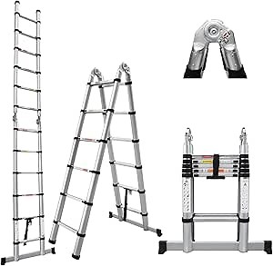 Aluminum Telescoping Extension Ladder, 12.5 FT A Frame Lightweight Extension Ladder with Unlock Hinges, Stabilizer Bar, Heavy Duty 330lbs Max Capacity, for Household Outdoor Work