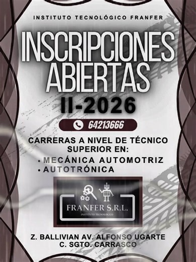 Nuestros motores están listos para escucharte 🥺 y rugir cuando lo necesites 🤗🤩 🚗⚙️ INSTITUTO TECNOLÓGICO FRANFER ⚡🔧 Fórmate como Técnico Superior en Mecánica Automotriz y Autotrónica y prepárate para un futuro con alta demanda laboral 🚘🔩 En FRANFER recibes una formación práctica y técnica, orientada al trabajo real y al mercado actual 👨‍🔧👩‍🔧 🎁 BENEFICIOS GRATUITOS PARA NUESTROS ESTUDIANTES: ✅ Overol de trabajo ✅ Wi-Fi gratuito ✅ Biblioteca virtual ✅ Gimnasio gratuito 💥 DESCUENTOS ES
