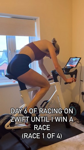 Day 6 of racing on Zwift until I win a race. Race 1 of 4 - Tiny Races by @zwiftinsider Stats: 6.9km, 9:09, Average 250W, 4.10 W/Kg #zwift #zwiftracing #cycling #zwiftride #indoorcycling #wobblylegs | Caryl Granville Moore