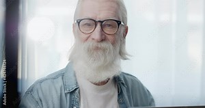 Portrait of Attractive Elderly Man in Eyeglasses looking at Camera at Home. Handsome Old Male with long gray Well-Groomed Beard sitting and posing at Home. Spending time in Retirement. Old People.