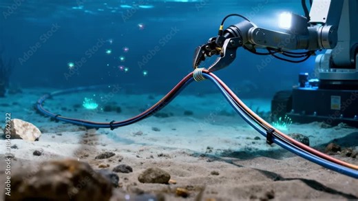 Underwater robotic arm lays fiberoptic cables across the seabed emphasizing precision and automation in modern subsea communication infrastructure