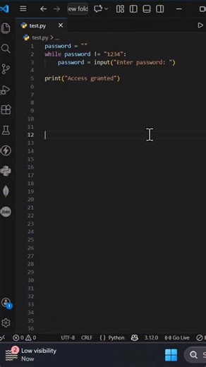 Prashant Kumar on Instagram: "In this video, I walk through a simple Python program that uses a while loop to repeatedly ask the user for a password until the correct one is entered. We start by setting an empty password variable, then the loop keeps prompting the user with input() until the user types "1234". Once the condition is satisfied, the loop stops and the message “Access granted” is displayed. This example is perfect for beginners learning loops, user input, and basic program logic. It