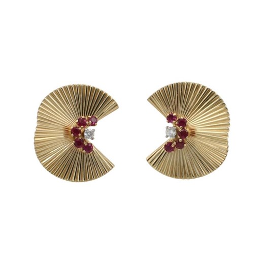 Cartier Retro Mid-century Gold Natural Diamond & Ruby Fan Lever-back Ribbon Earrings - Etsy