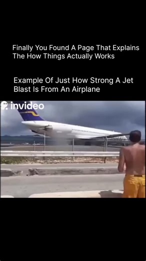 How Things Actually Works on Instagram: "Example of just how strong a jet blast is from an airplane ✈️🔥 Stand too close behind a jet during takeoff, and you’ll feel raw physics in action. A jet engine can blast air backward at hundreds of kilometers per hour, generating enough force to flip vehicles, knock people off their feet, and even tear asphalt apart. This powerful thrust is what propels a metal giant weighing tens of tons into the sky—proof that controlled explosions and airflow can lite