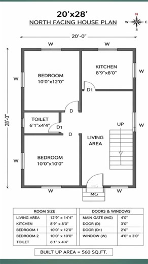 20x28 House Plan | 2BHK Small Modern Home Design | 560 Sq Ft North Facing House (3D + 2D)