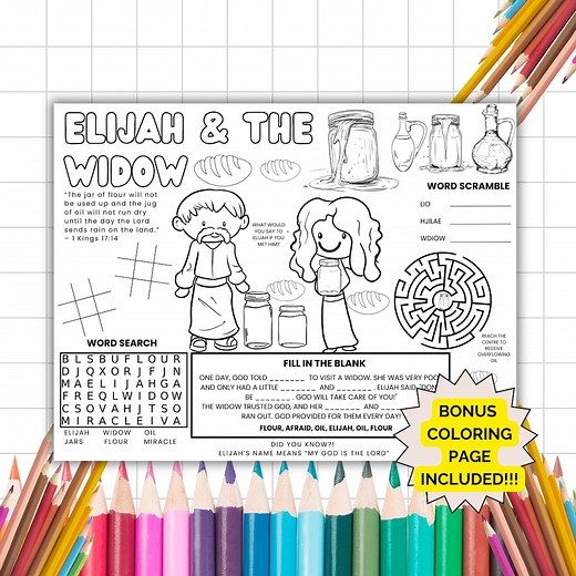 Elijah and the Widow Activity Placemat, Bible Story Coloring Pages, Printable Bible Lesson, Sunday School Craft, Scripture Games, Homeschool - Etsy