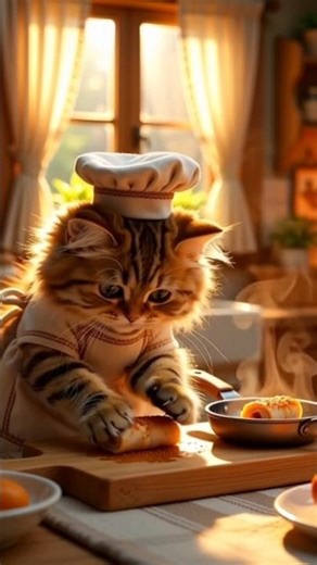 “Cinematic Cat Chef Making Chicken Rolls”