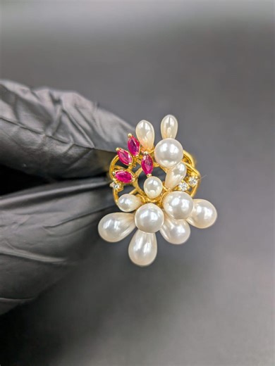 Pearl Flower With Pink Ruby Statement Ring 14K Yellow Gold Plated Handmade Elegant Jewelry - Etsy